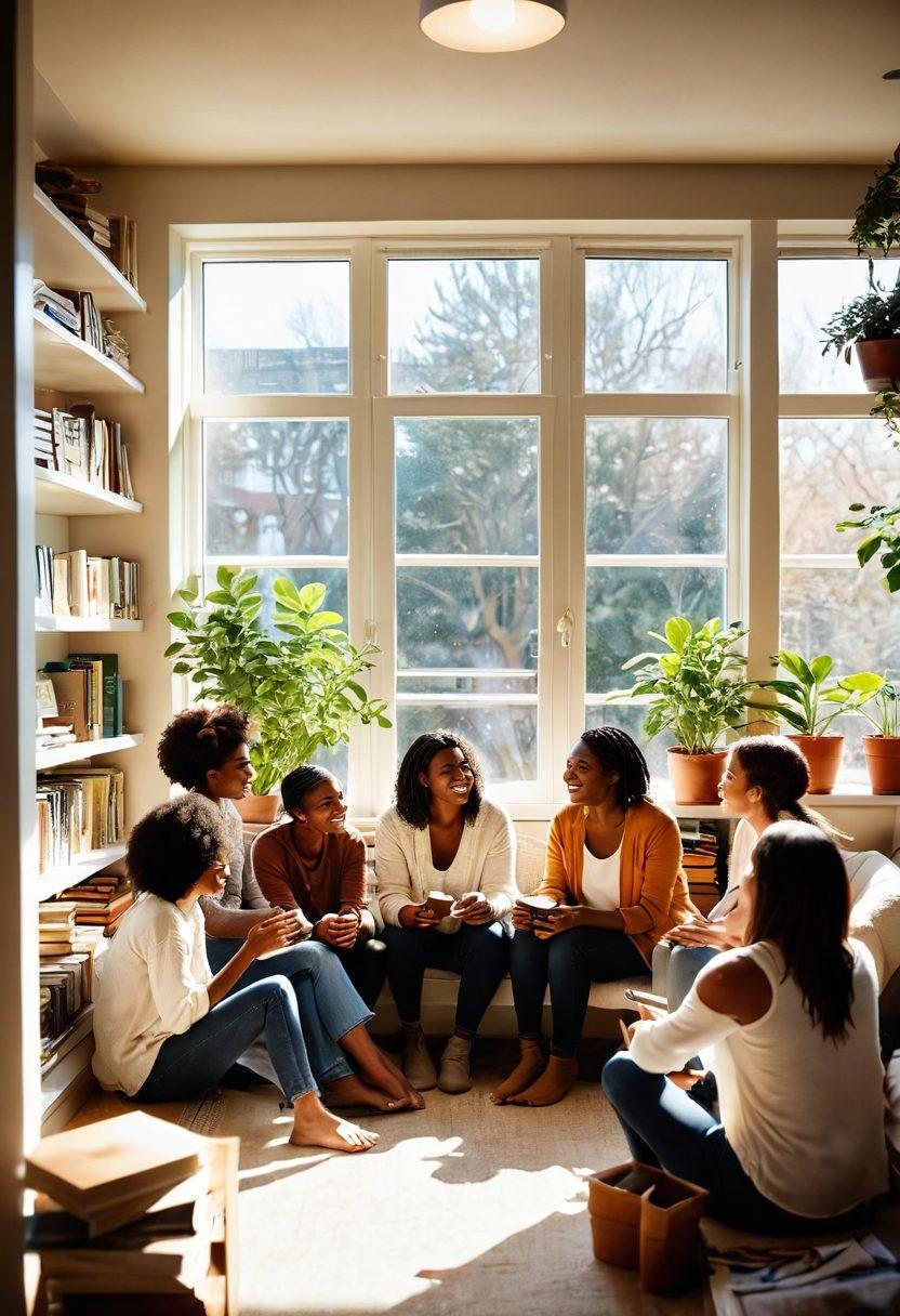 A diverse group of people sitting in a cozy circle, sharing stories and smiles, with warm sunlight streaming through a window. In the background, shelves filled with books and plants, symbolizing community resources and support. Subtle elements like coffee cups and supportive gestures, creating a sense of empowerment and connection. bright colors. soft focus. community-focused.