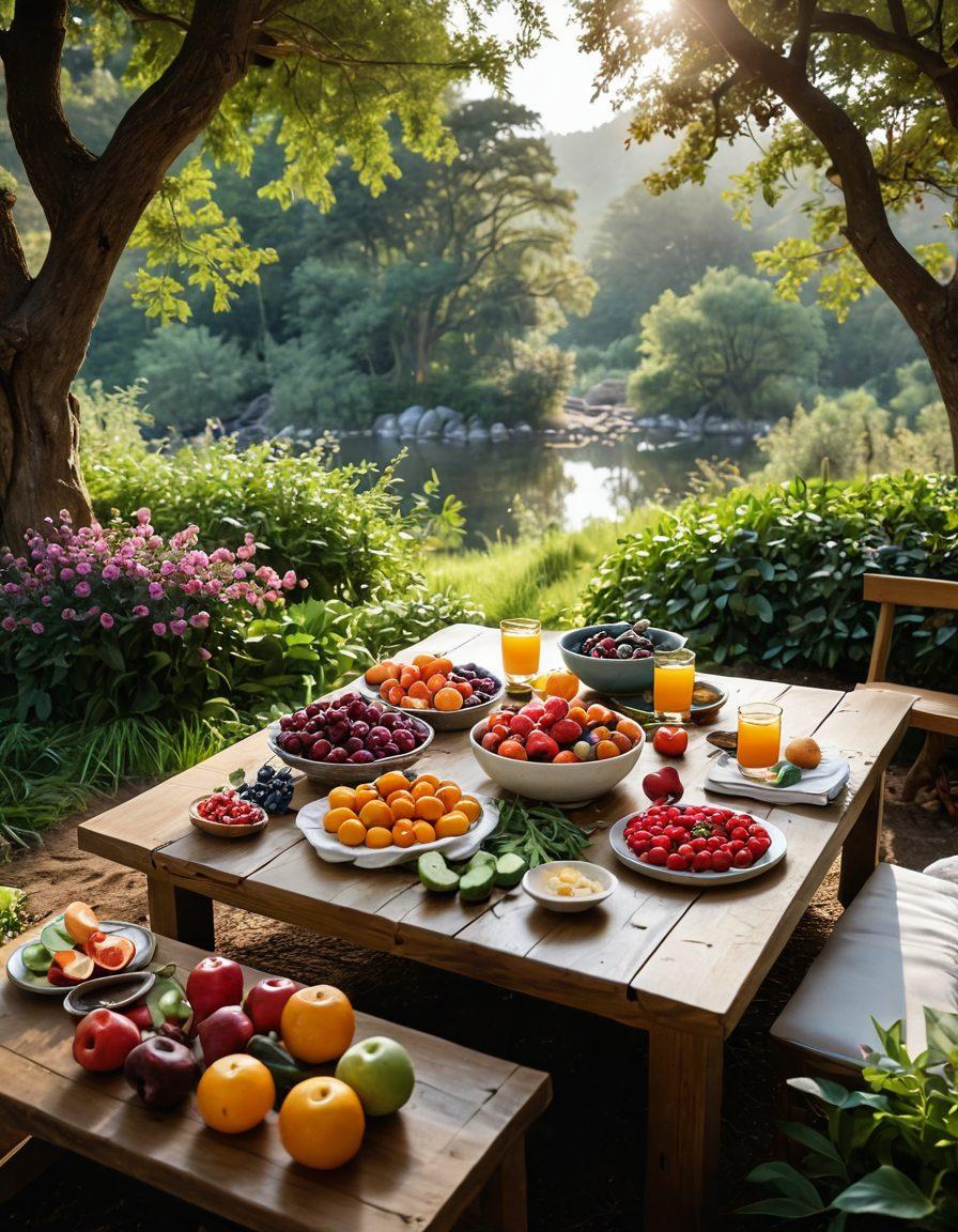 A serene landscape featuring a nourishing table spread with colorful fruits, vegetables, and healing teas symbolizing nutrition. In the background, a tranquil scene of a person practicing meditation amidst nature, representing self-care. Soft, warm lighting highlights a heart symbol made of flowers, reflecting emotional support. The overall atmosphere should evoke feelings of hope and well-being. super-realistic. vibrant colors. soothing tones.